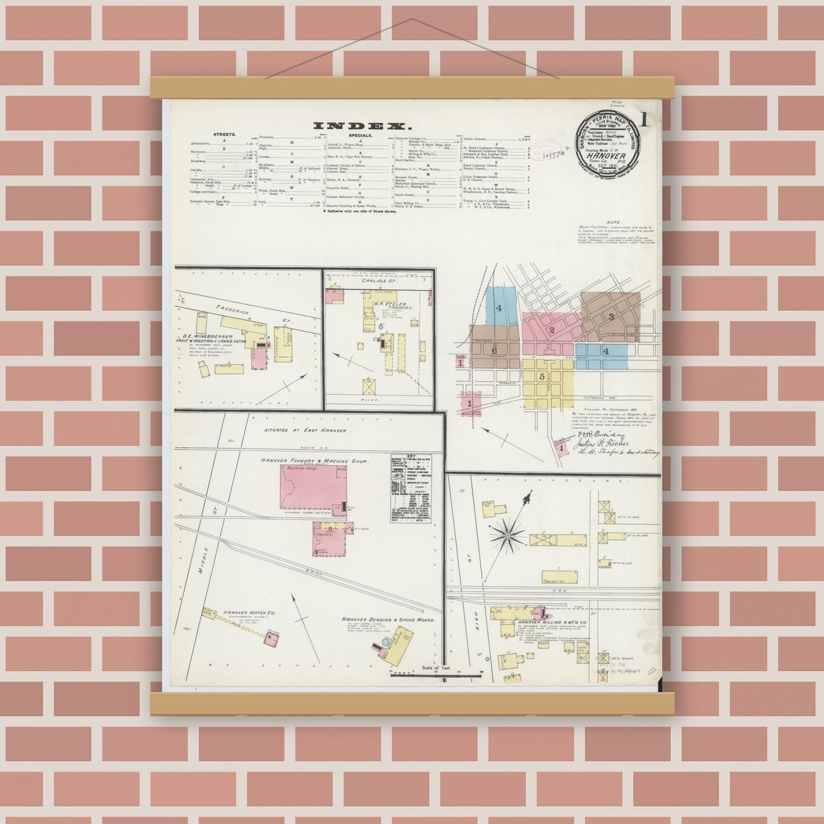 Old map wall art mockup — magnetic wood frame on brick wall — Sanborn Fire Insurance Map from Hanover, York County, Pennsylvania (1891), Sheet #0001