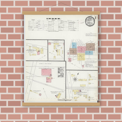 Old map wall art mockup — magnetic wood frame on brick wall — Sanborn Fire Insurance Map from Hanover, York County, Pennsylvania (1891), Sheet #0001