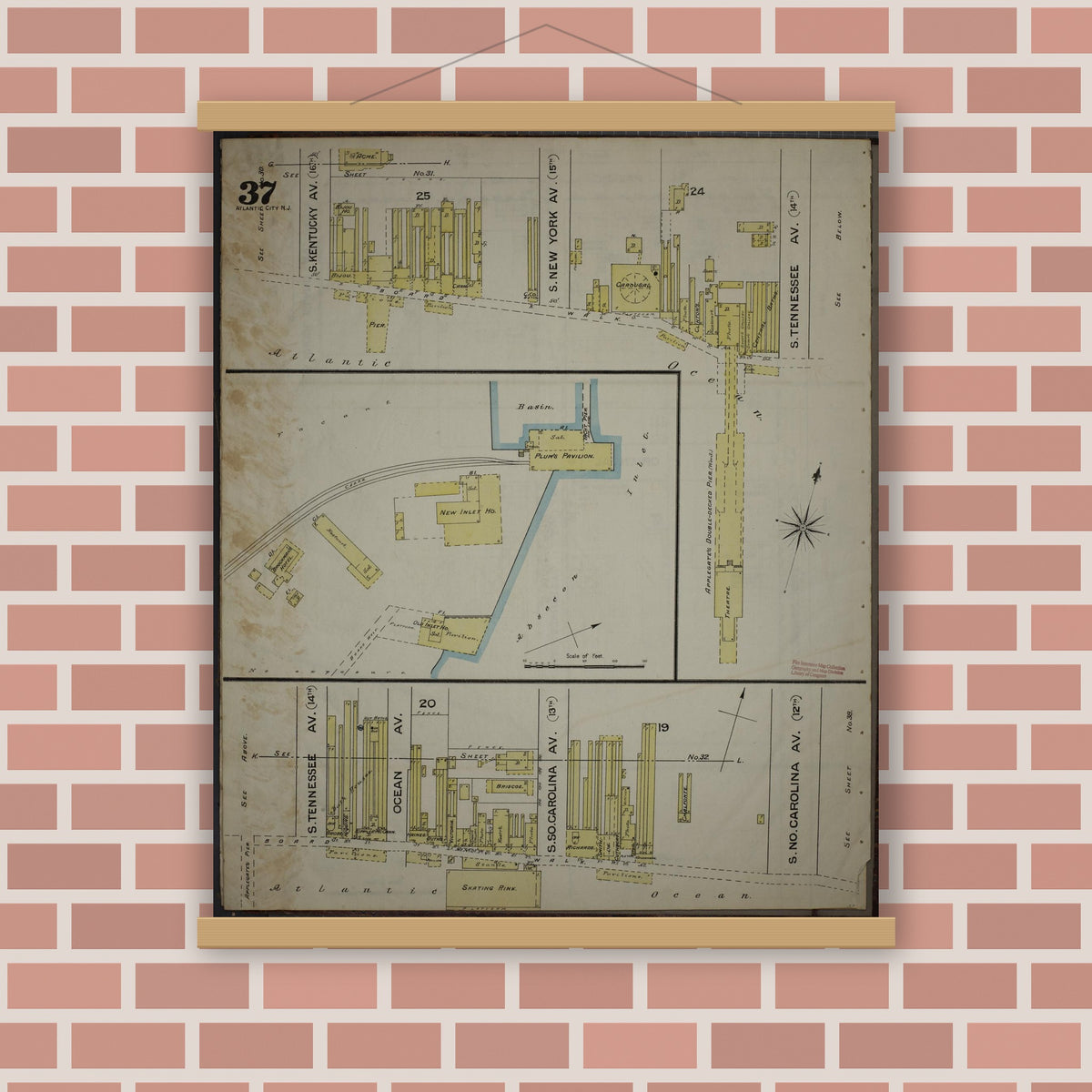 Old map wall art mockup — magnetic wood frame on brick wall — Sanborn Fire Insurance Map from Atlantic City, Atlantic County, New Jersey (1886), Sheet #0037