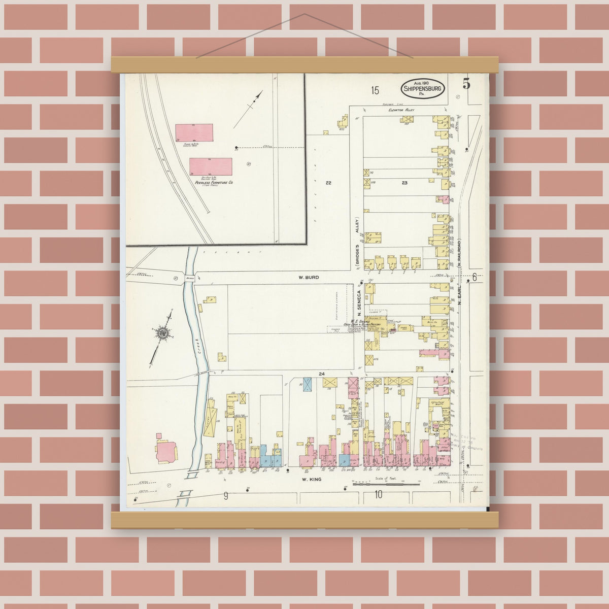 Old map wall art mockup — magnetic wood frame on brick wall — Sanborn Fire Insurance Map from Shippensburg, Cumberland And Franklin Counties, Pennsylvania (1910), Sheet #0005