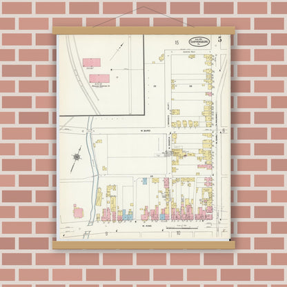 Old map wall art mockup — magnetic wood frame on brick wall — Sanborn Fire Insurance Map from Shippensburg, Cumberland And Franklin Counties, Pennsylvania (1910), Sheet #0005
