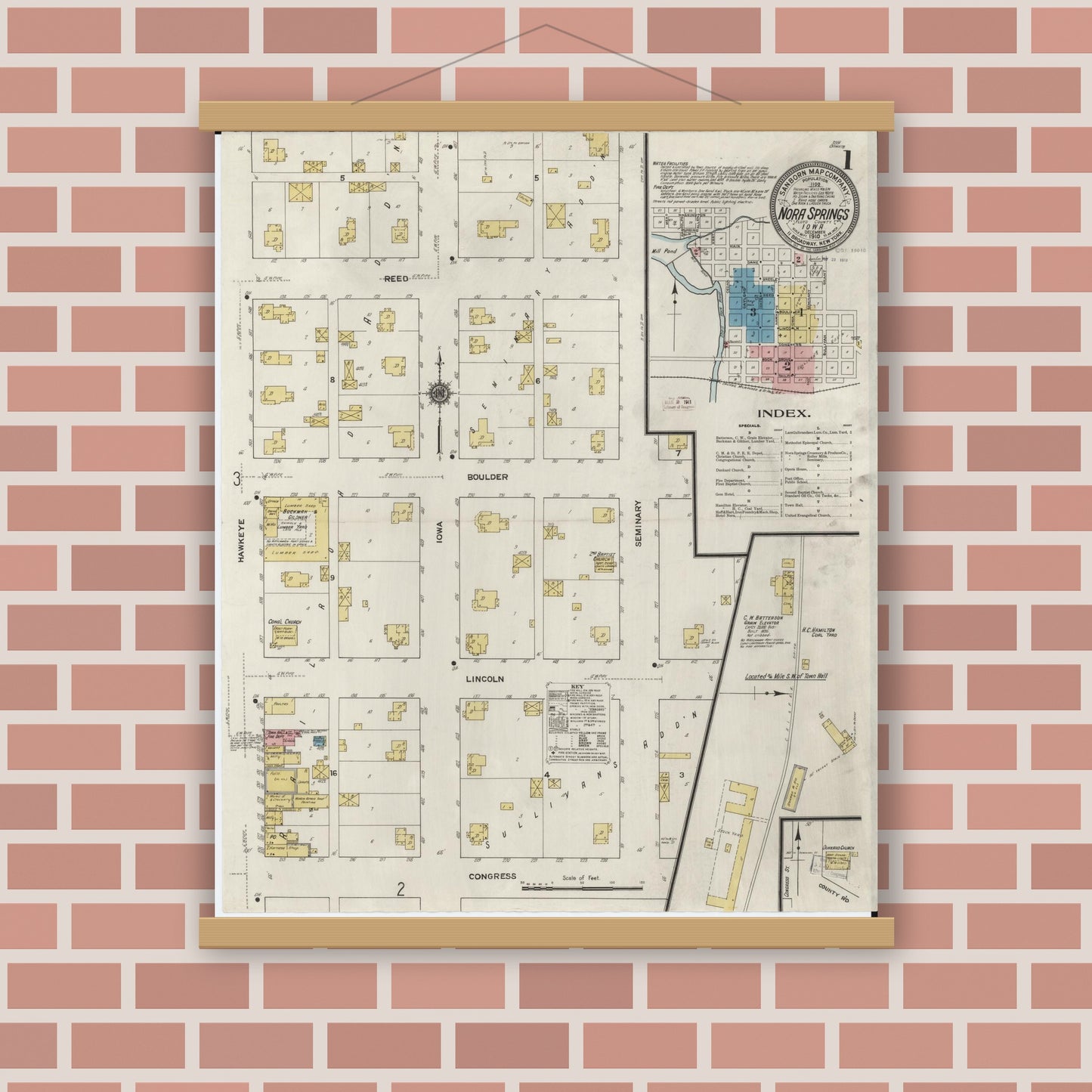 Old map wall art mockup — magnetic wood frame on brick wall — Sanborn Fire Insurance Map from Nora Springs, Floyd County, Iowa (1910) â€” Complete Set