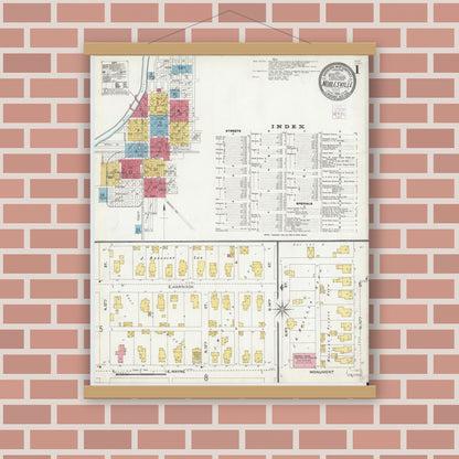 Old map wall art mockup — magnetic wood frame on brick wall — Sanborn Fire Insurance Map from Noblesville, Hamilton County, Indiana (1905), Sheet #0001