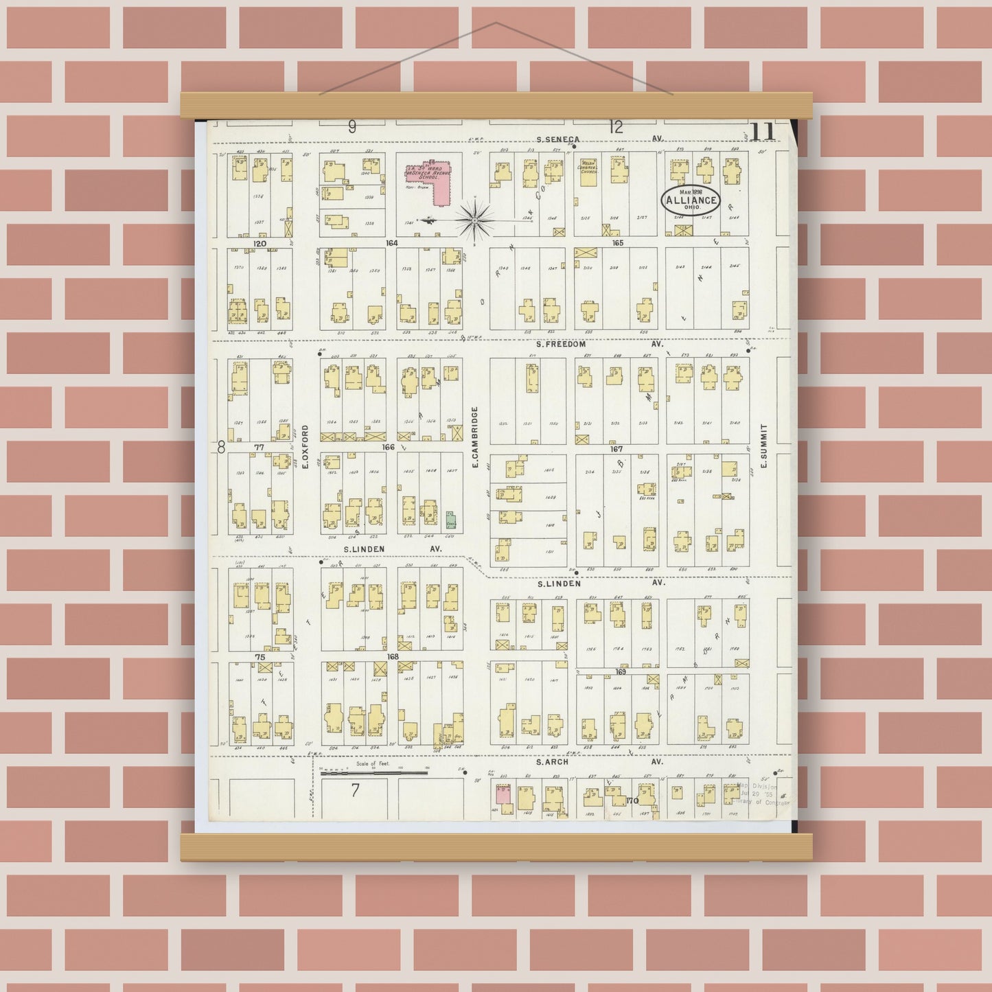 Old map wall art mockup — magnetic wood frame on brick wall — Sanborn Fire Insurance Map from Alliance, Stark County, Ohio (1898), Sheet #0011