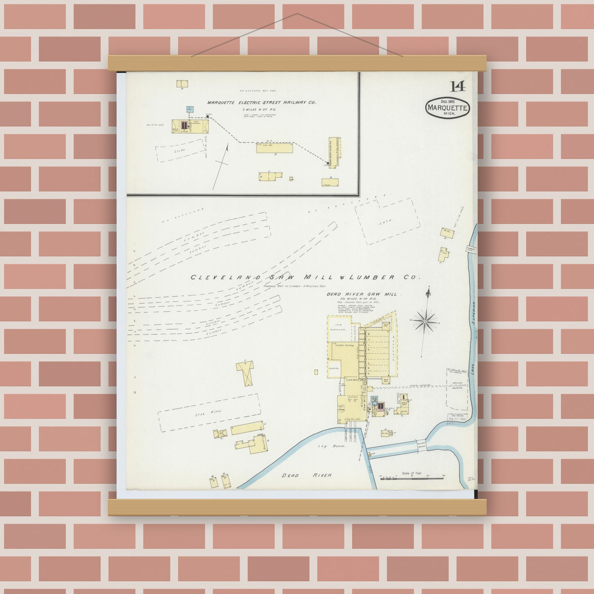 Old map wall art mockup — magnetic wood frame on brick wall — Sanborn Fire Insurance Map from Marquette, Marquette County, Michigan (1892), Sheet #0014