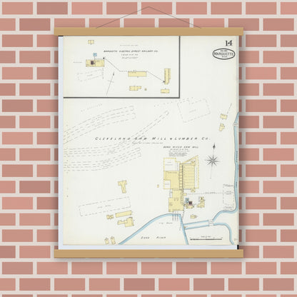 Old map wall art mockup — magnetic wood frame on brick wall — Sanborn Fire Insurance Map from Marquette, Marquette County, Michigan (1892), Sheet #0014