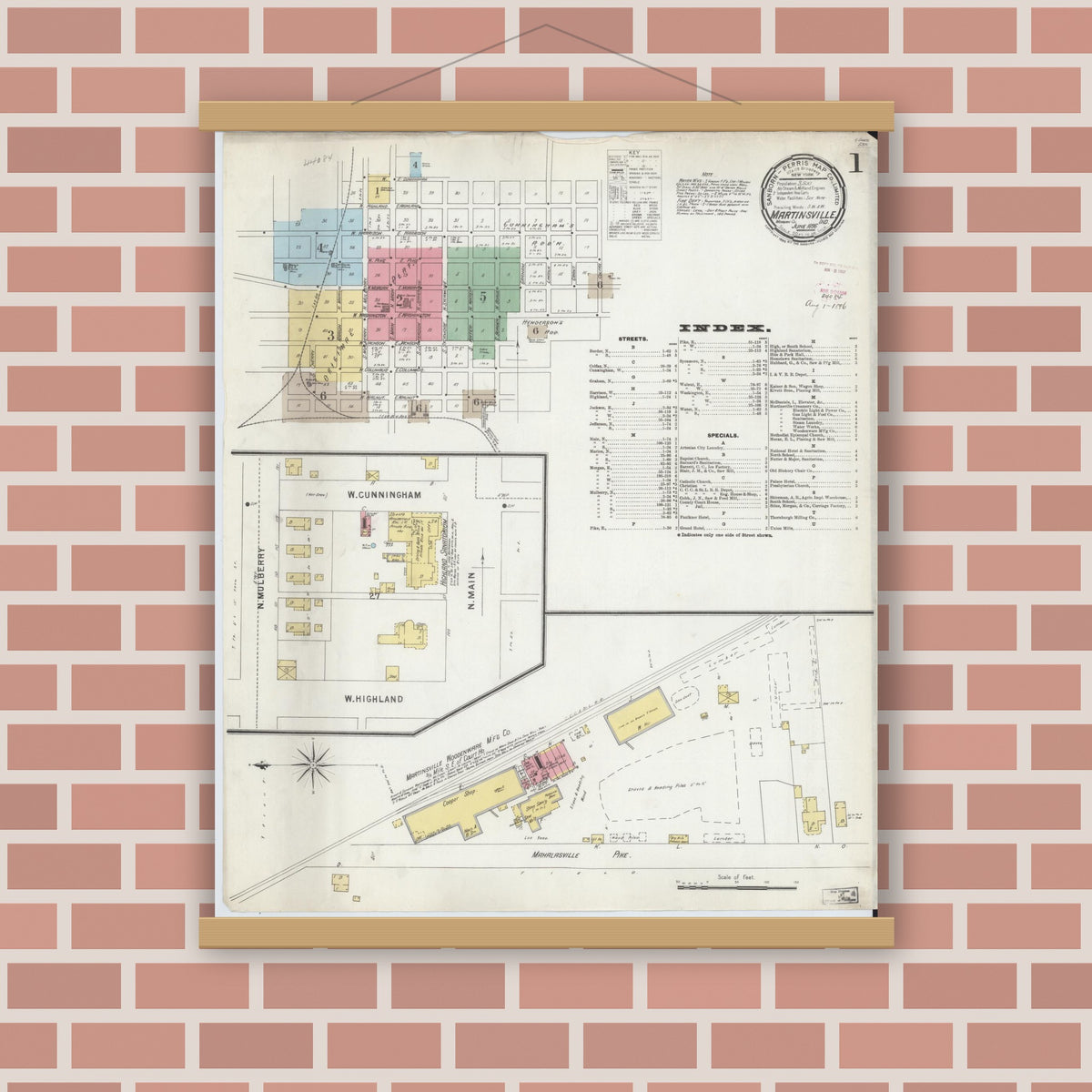 Old map wall art mockup — magnetic wood frame on brick wall — Sanborn Fire Insurance Map from Martinsville, Morgan County, Indiana (1896) - Complete Map Set