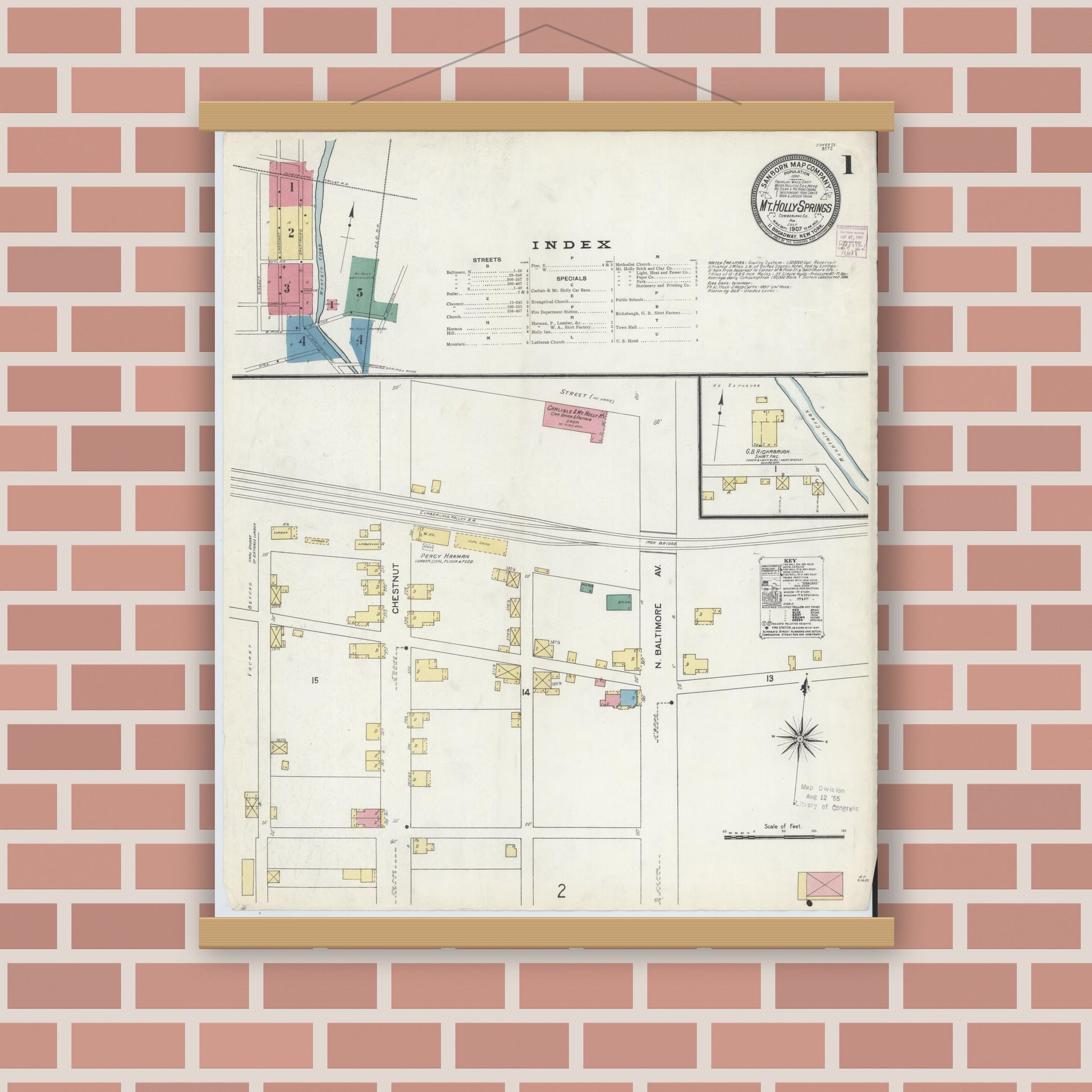 Old map wall art mockup — magnetic wood frame on brick wall — Sanborn Fire Insurance Map from Mount Holly Springs, Cumberland County, Pennsylvania (1907), Sheet #0001