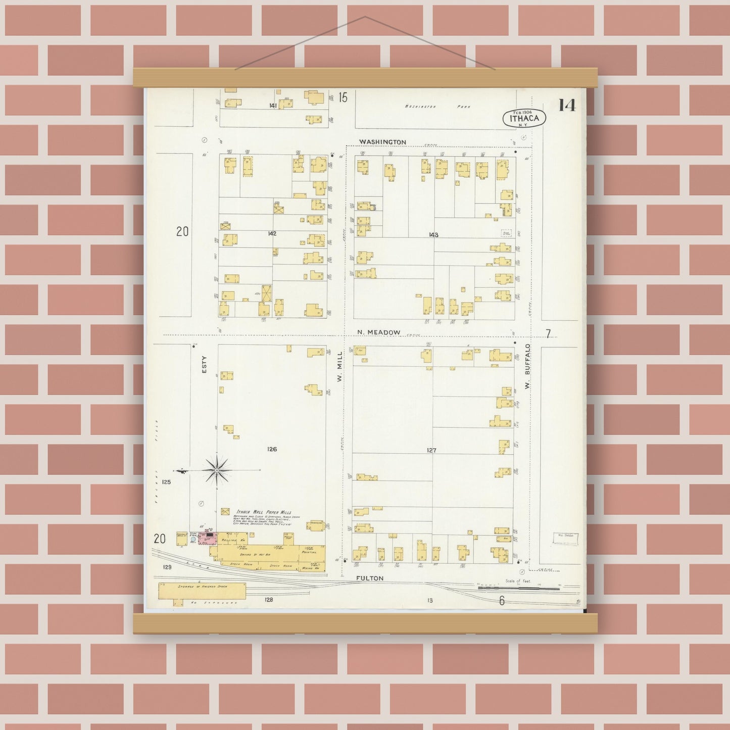 Old map wall art mockup — magnetic wood frame on brick wall — Sanborn Fire Insurance Map from Ithaca, Tompkins County, New York (1904), Sheet #0014