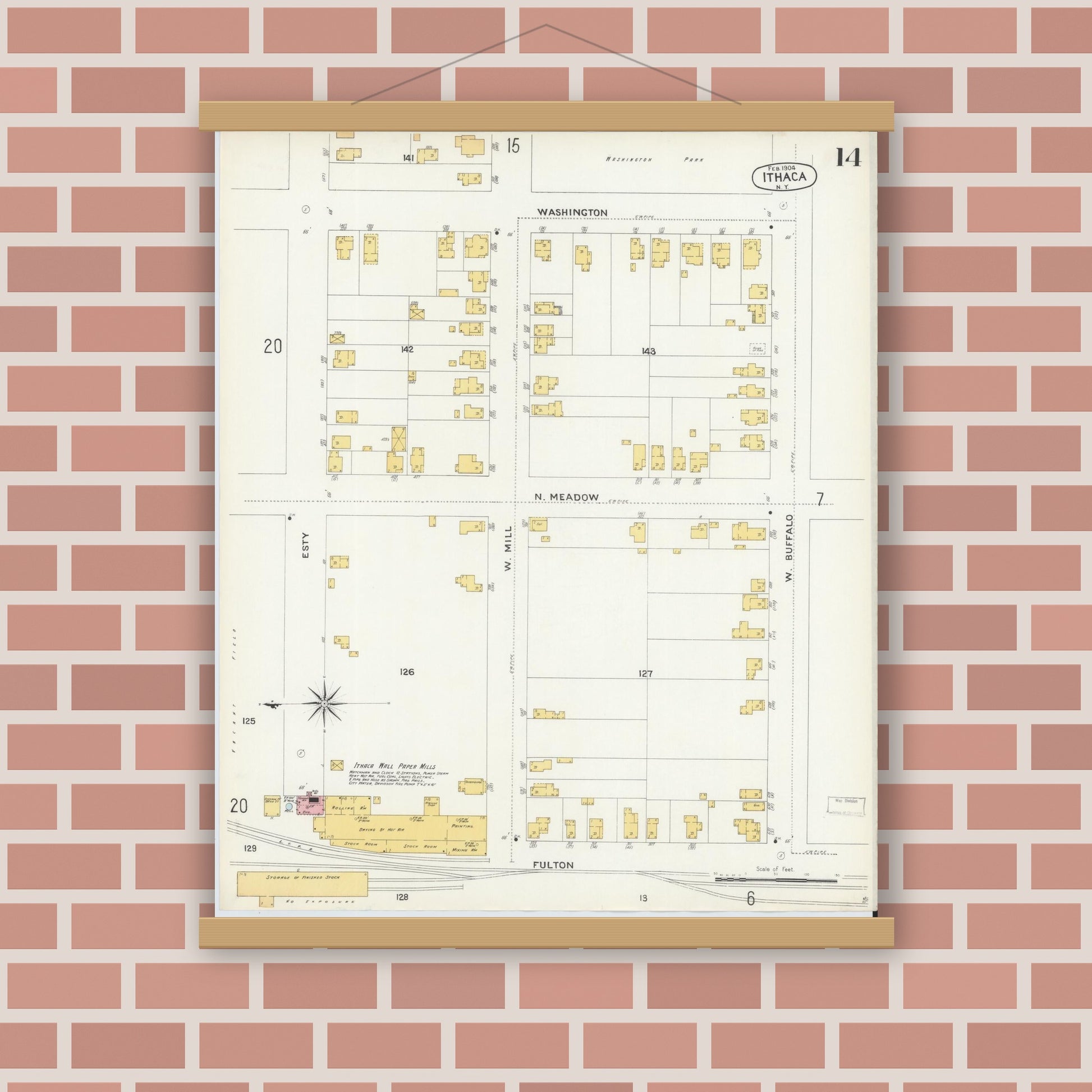 Old map wall art mockup — magnetic wood frame on brick wall — Sanborn Fire Insurance Map from Ithaca, Tompkins County, New York (1904), Sheet #0014