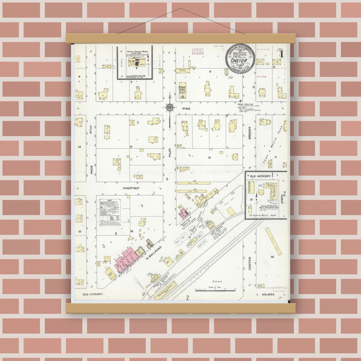 Old map wall art mockup — magnetic wood frame on brick wall — Sanborn Fire Insurance Map from Oneida, Knox County, Illinois (1910), Sheet #0001