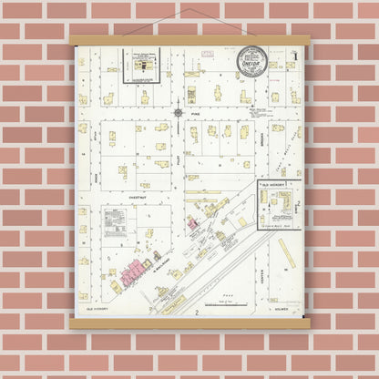 Old map wall art mockup — magnetic wood frame on brick wall — Sanborn Fire Insurance Map from Oneida, Knox County, Illinois (1910), Sheet #0001
