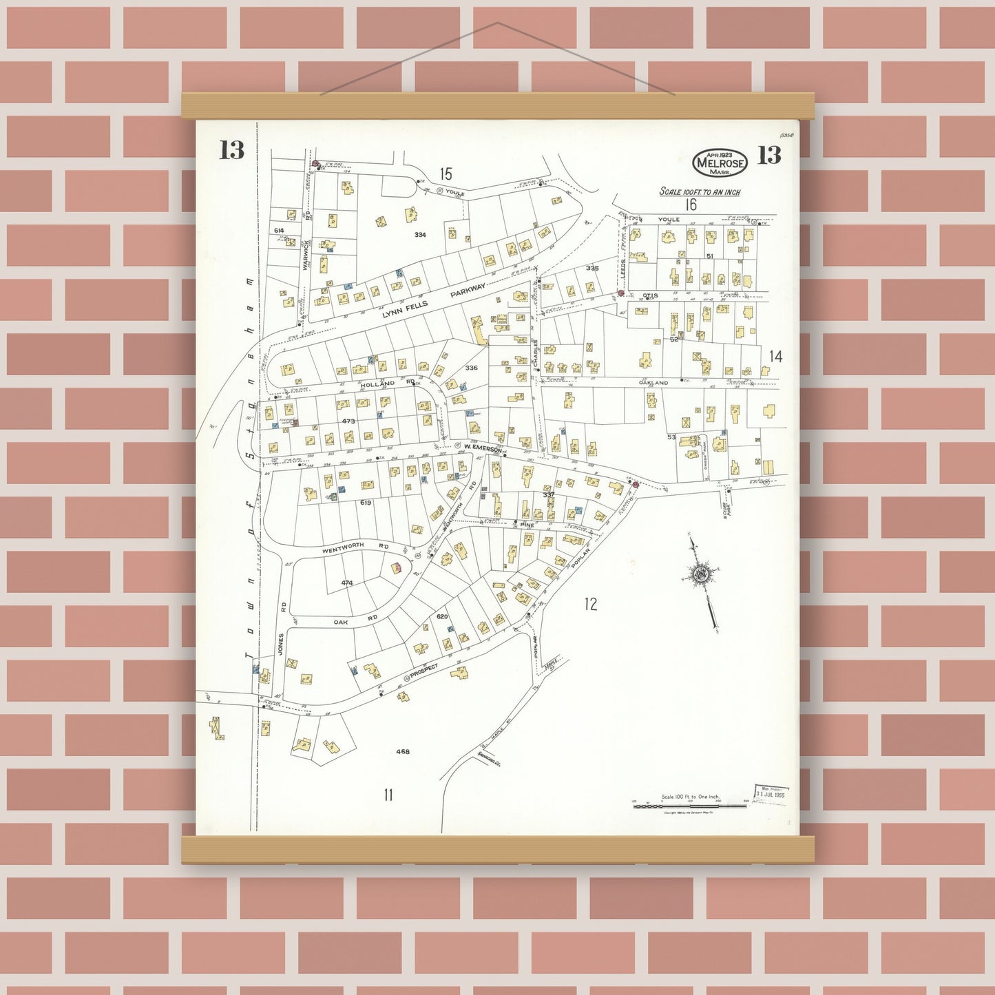 Old map wall art mockup — magnetic wood frame on brick wall — Sanborn Fire Insurance Map from Melrose, Middlesex County, Massachusetts (1923), Sheet #0013