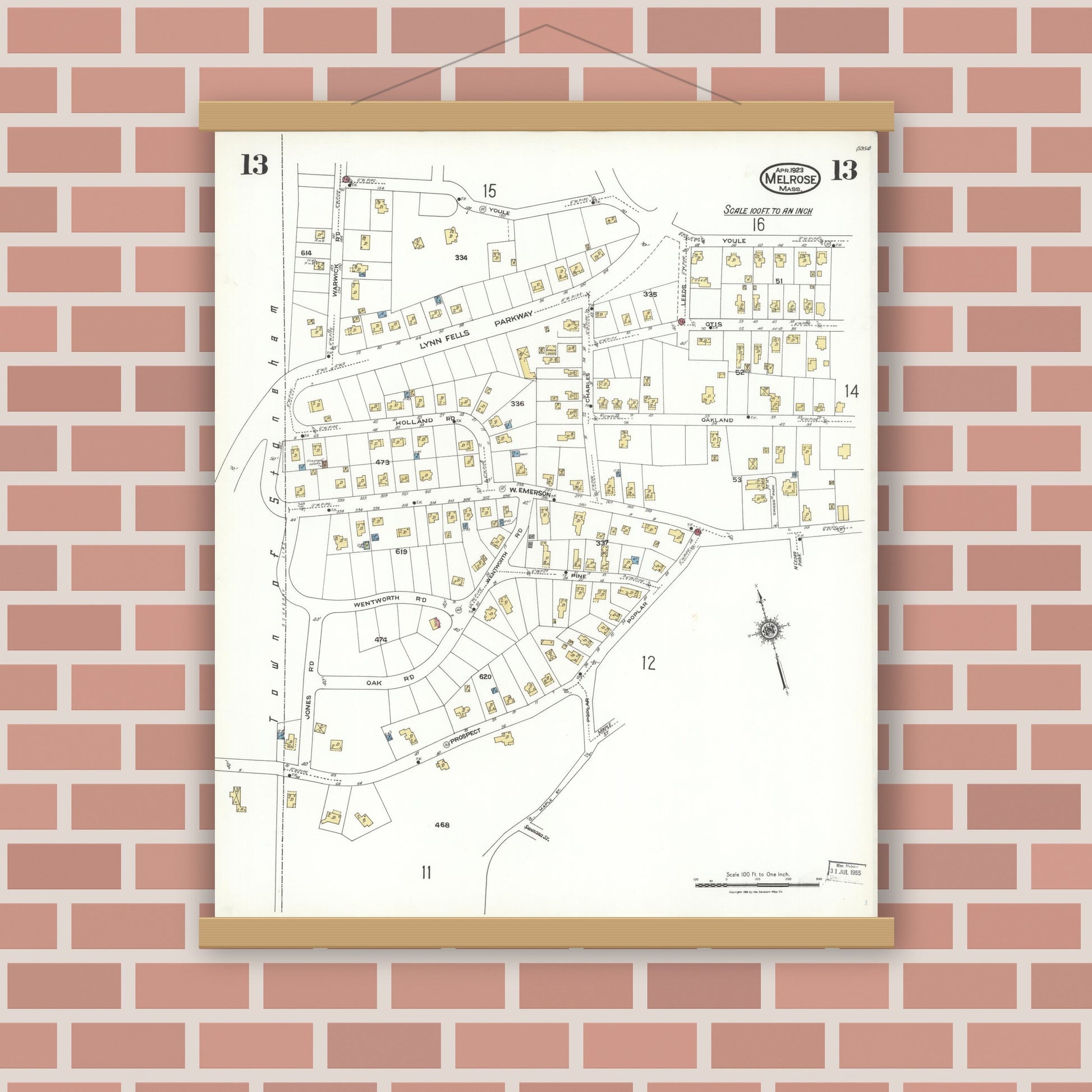 Old map wall art mockup — magnetic wood frame on brick wall — Sanborn Fire Insurance Map from Melrose, Middlesex County, Massachusetts (1923), Sheet #0013