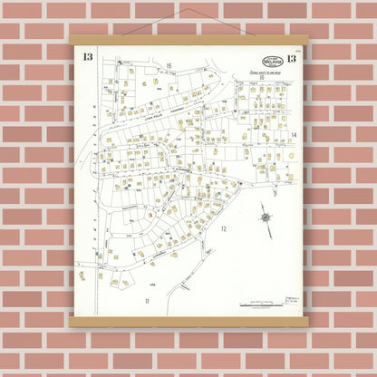 Old map wall art mockup — magnetic wood frame on brick wall — Sanborn Fire Insurance Map from Melrose, Middlesex County, Massachusetts (1923), Sheet #0013