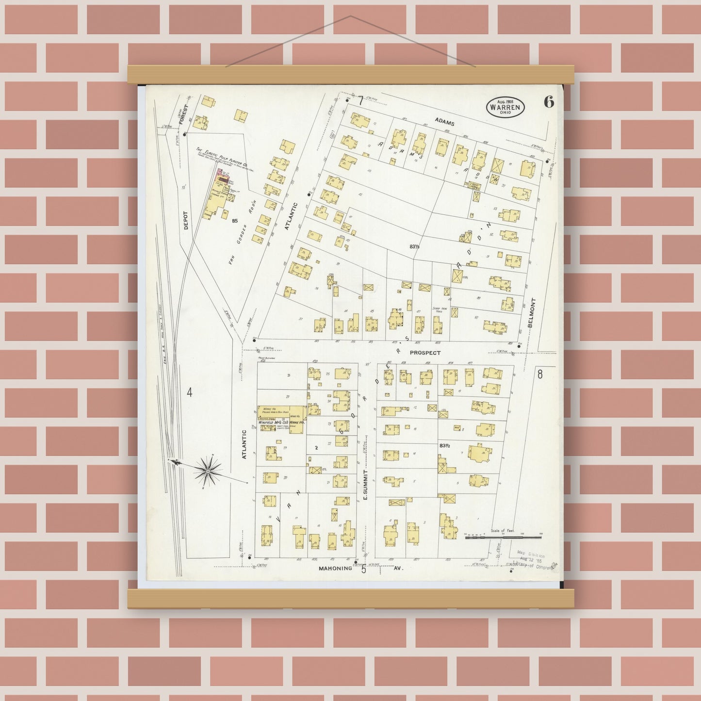 Old map wall art mockup — magnetic wood frame on brick wall — Sanborn Fire Insurance Map from Warren, Trumbull County, Ohio (1908), Sheet #0006