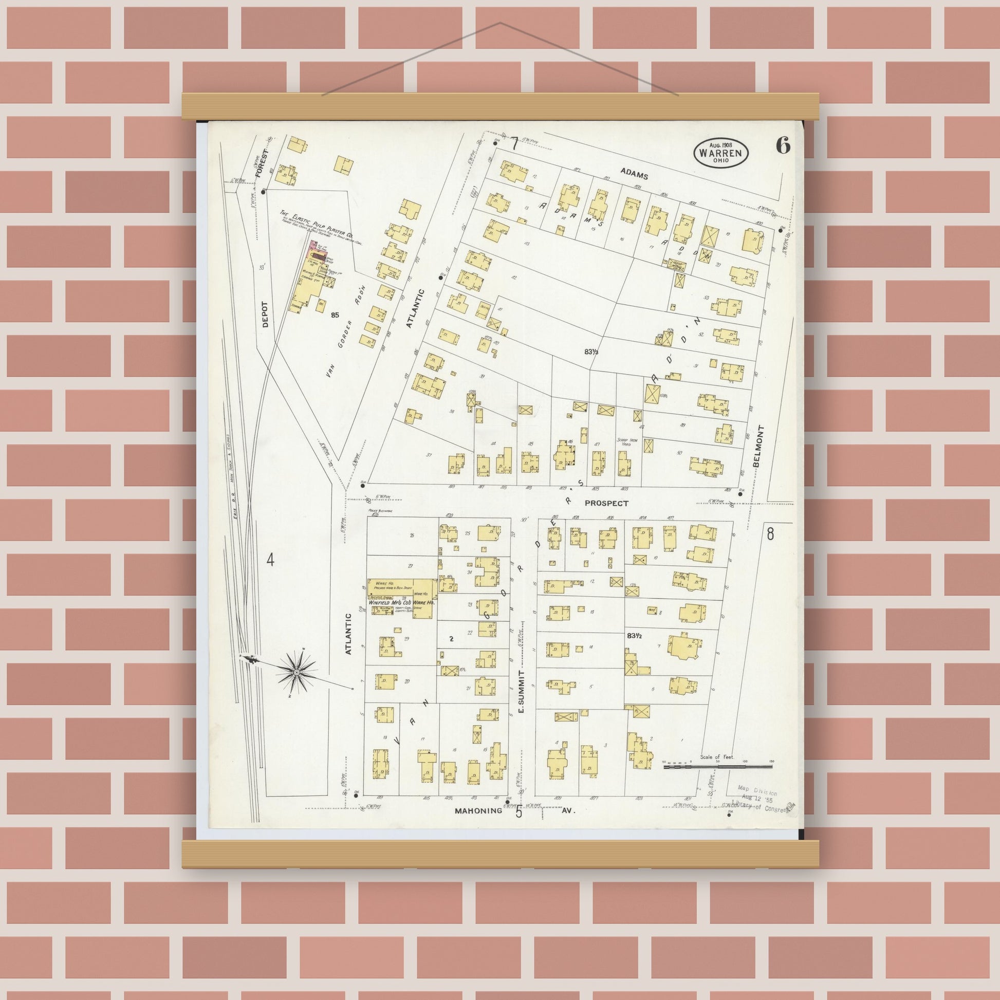 Old map wall art mockup — magnetic wood frame on brick wall — Sanborn Fire Insurance Map from Warren, Trumbull County, Ohio (1908), Sheet #0006