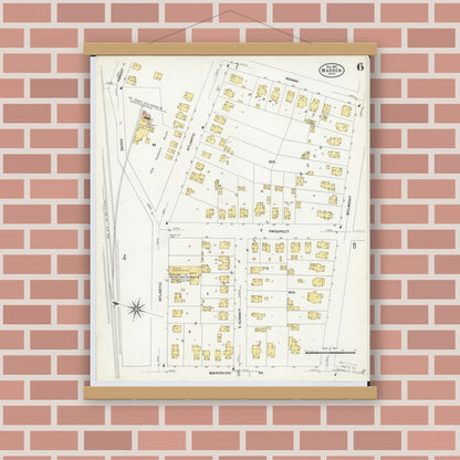 Old map wall art mockup — magnetic wood frame on brick wall — Sanborn Fire Insurance Map from Warren, Trumbull County, Ohio (1908), Sheet #0006