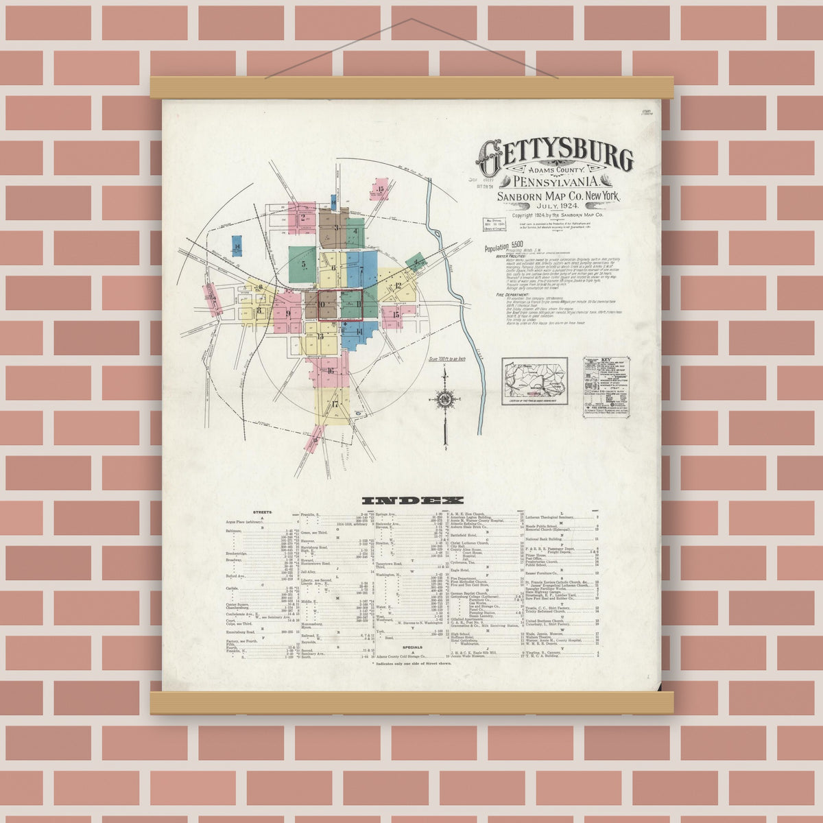 Old map wall art mockup — magnetic wood frame on brick wall — Sanborn Fire Insurance Map from Gettysburg, Adams County, Pennsylvania (1924), Sheet #0001