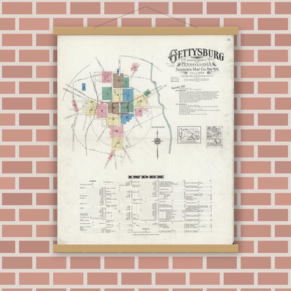 Old map wall art mockup — magnetic wood frame on brick wall — Sanborn Fire Insurance Map from Gettysburg, Adams County, Pennsylvania (1924), Sheet #0001