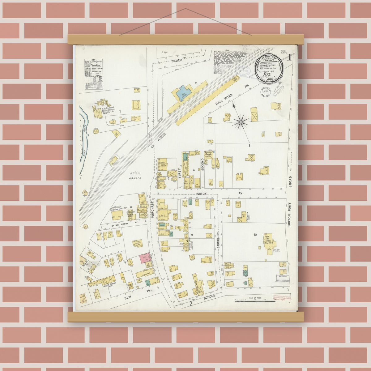 Old map wall art mockup — magnetic wood frame on brick wall — Sanborn Fire Insurance Map from Rye, Westchester County, New York (1898) - Complete Map Set