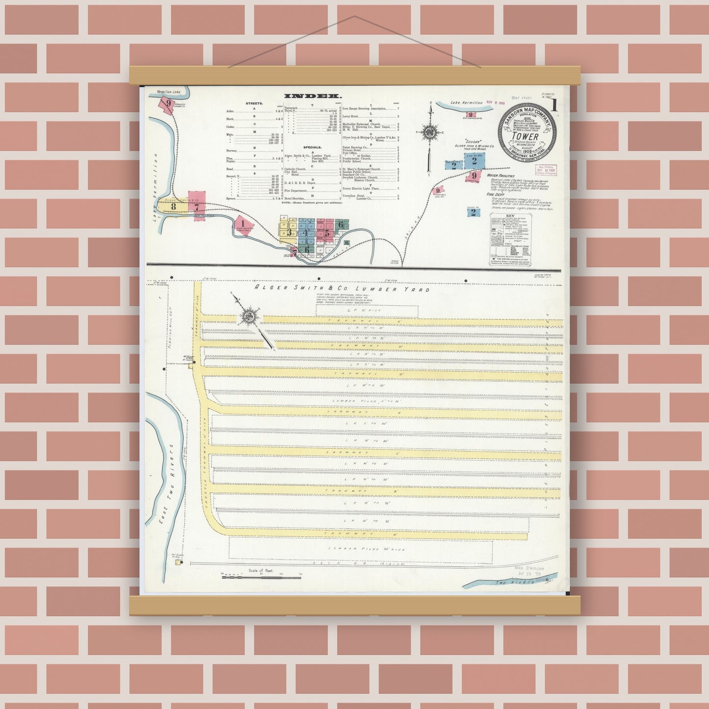 Old map wall art mockup — magnetic wood frame on brick wall — Sanborn Fire Insurance Map from Tower, Saint Louis County, Minnesota (1909) - Complete Map Set