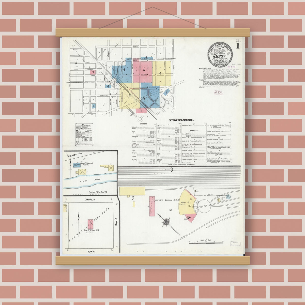Old map wall art mockup — magnetic wood frame on brick wall — Sanborn Fire Insurance Map from Amboy, Lee County, Illinois (1910), Sheet #0001