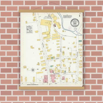 Old map wall art mockup — magnetic wood frame on brick wall — Sanborn Fire Insurance Map from Tioga, Tioga County, Pennsylvania (1903), Sheet #0001