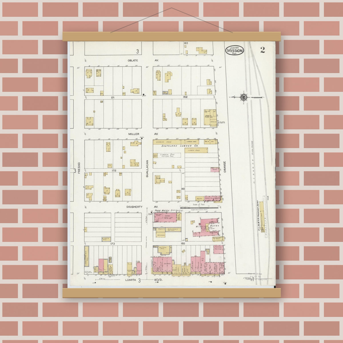 Old map wall art mockup — magnetic wood frame on brick wall — Sanborn Fire Insurance Map from Mission, Hidalgo County, Texas (1919), Sheet #0002