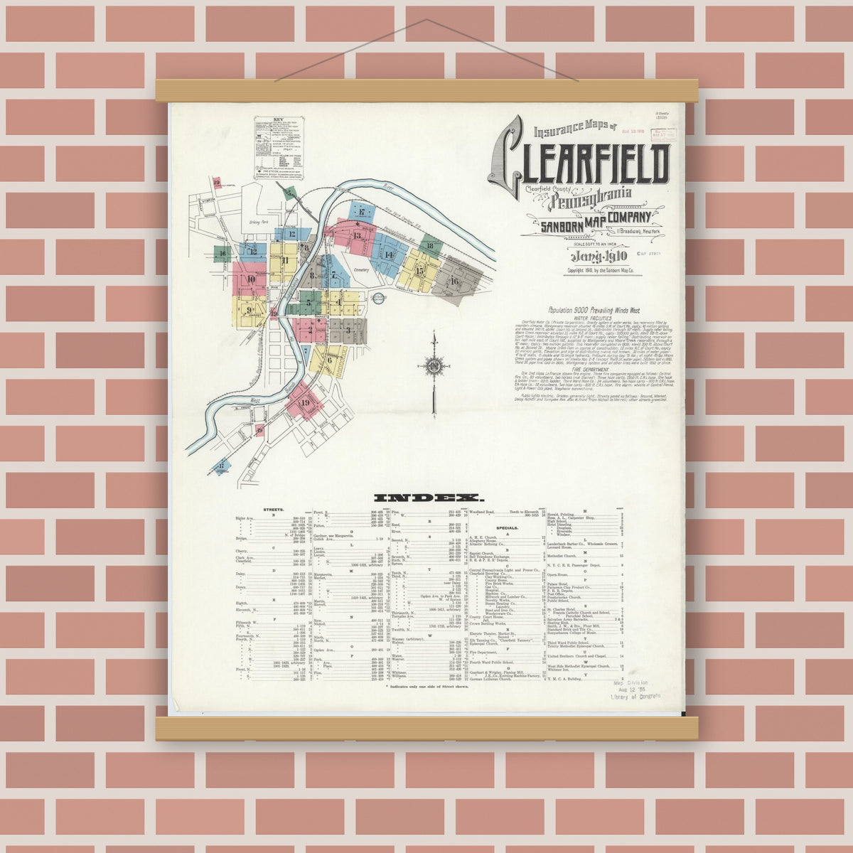 Old map wall art mockup — magnetic wood frame on brick wall — Sanborn Fire Insurance Map from Clearfield, Clearfield County, Pennsylvania (1911), Sheet #0001