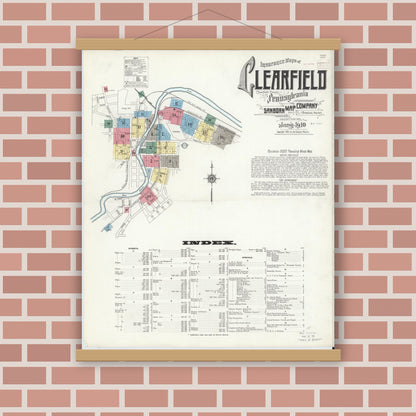 Old map wall art mockup — magnetic wood frame on brick wall — Sanborn Fire Insurance Map from Clearfield, Clearfield County, Pennsylvania (1911), Sheet #0001