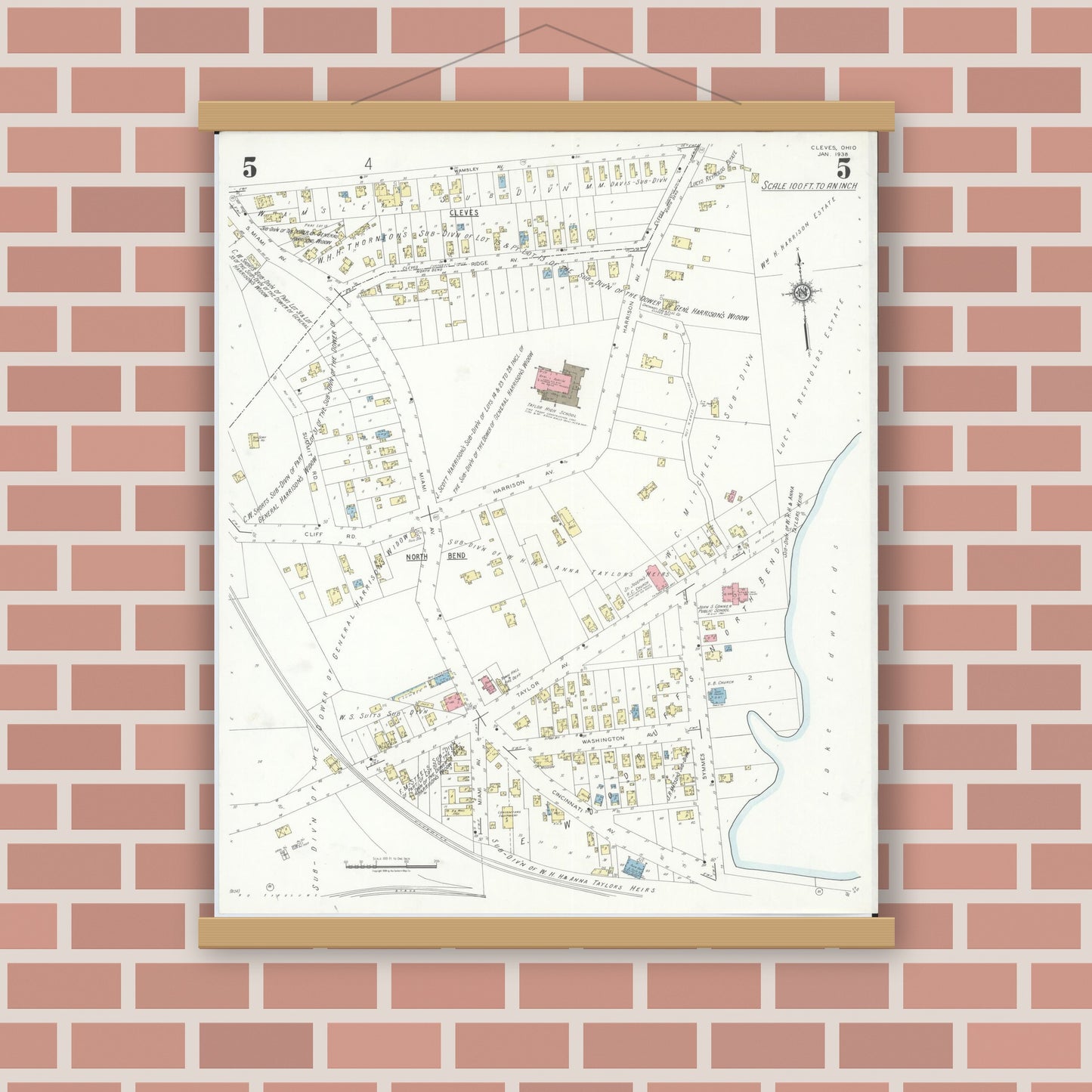 Old map wall art mockup — magnetic wood frame on brick wall — Sanborn Fire Insurance Map from Cleves, Hamilton County, Ohio (1938), Sheet #0005