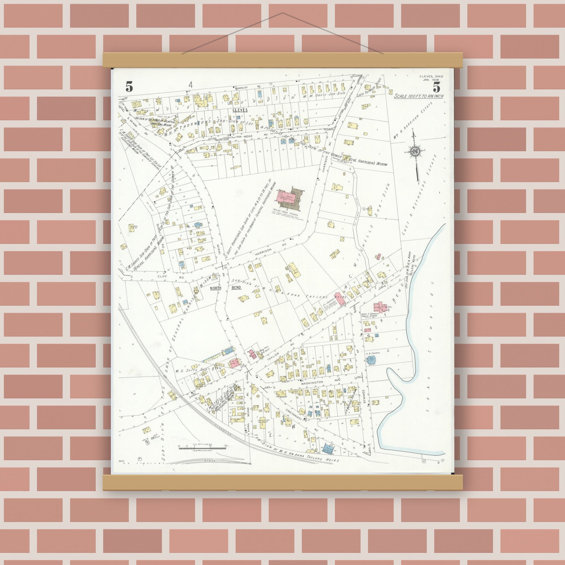 Old map wall art mockup — magnetic wood frame on brick wall — Sanborn Fire Insurance Map from Cleves, Hamilton County, Ohio (1938), Sheet #0005