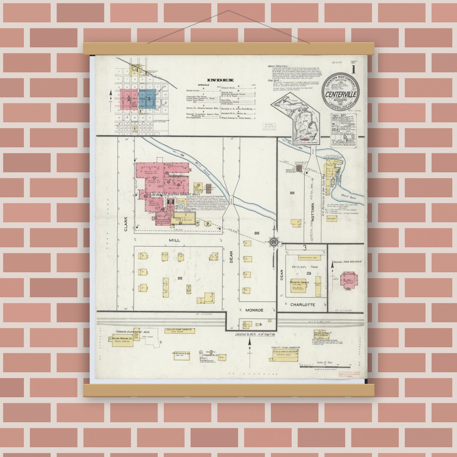 Old map wall art mockup — magnetic wood frame on brick wall — Sanborn Fire Insurance Map from Centreville, Saint Joseph County, Michigan (1921), Sheet #0001