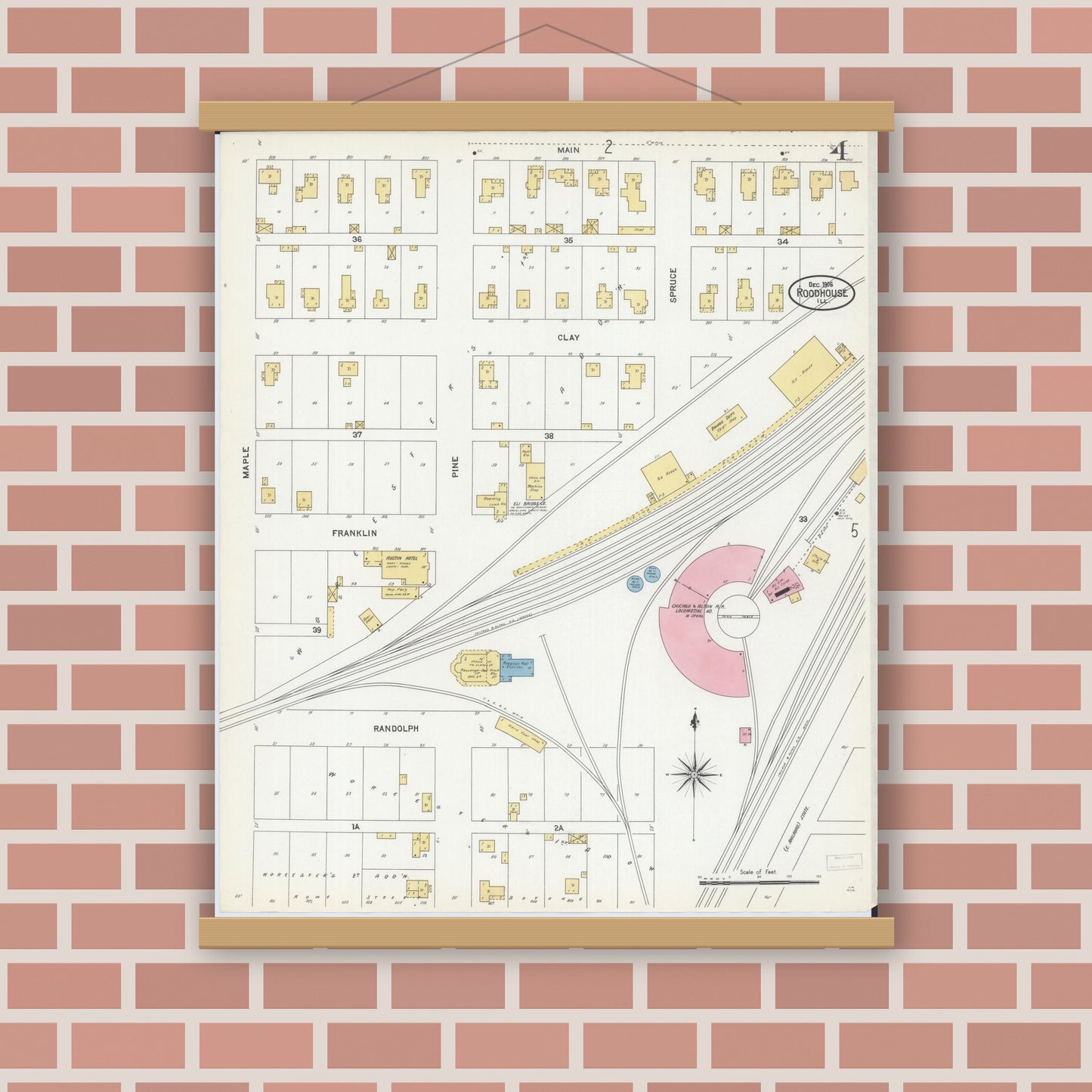Old map wall art mockup — magnetic wood frame on brick wall — Sanborn Fire Insurance Map from Roodhouse, Greene County, Illinois (1906), Sheet #0004