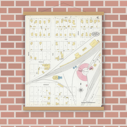 Old map wall art mockup — magnetic wood frame on brick wall — Sanborn Fire Insurance Map from Roodhouse, Greene County, Illinois (1906), Sheet #0004