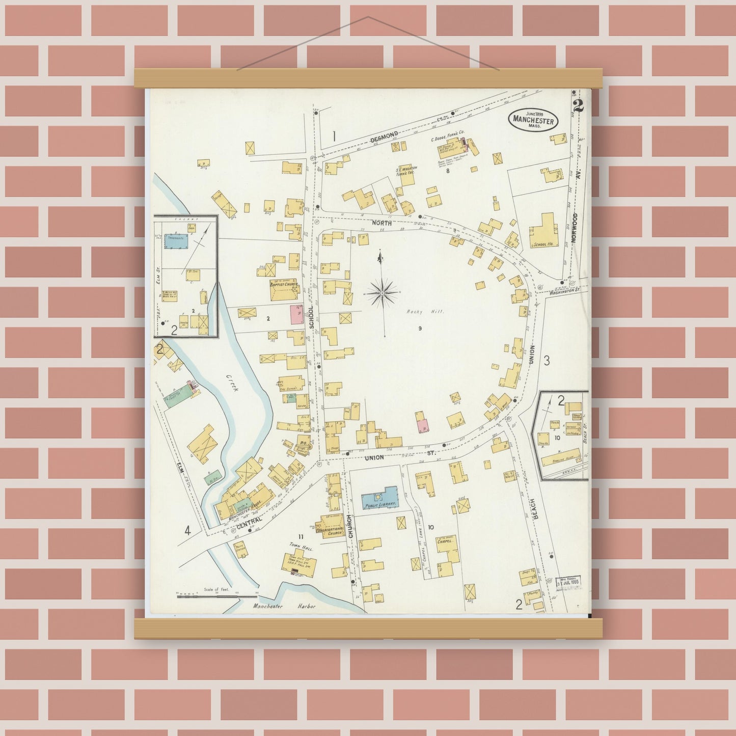 Old map wall art mockup — magnetic wood frame on brick wall — Sanborn Fire Insurance Map from Manchester, Essex County, Massachusetts (1899), Sheet #0002
