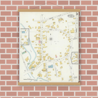 Old map wall art mockup — magnetic wood frame on brick wall — Sanborn Fire Insurance Map from Manchester, Essex County, Massachusetts (1899), Sheet #0002