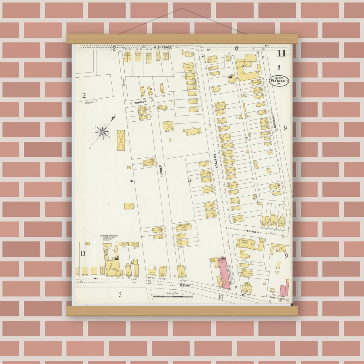 Old map wall art mockup — magnetic wood frame on brick wall — Sanborn Fire Insurance Map from Plymouth, Luzerne County, Pennsylvania (1902), Sheet #0011