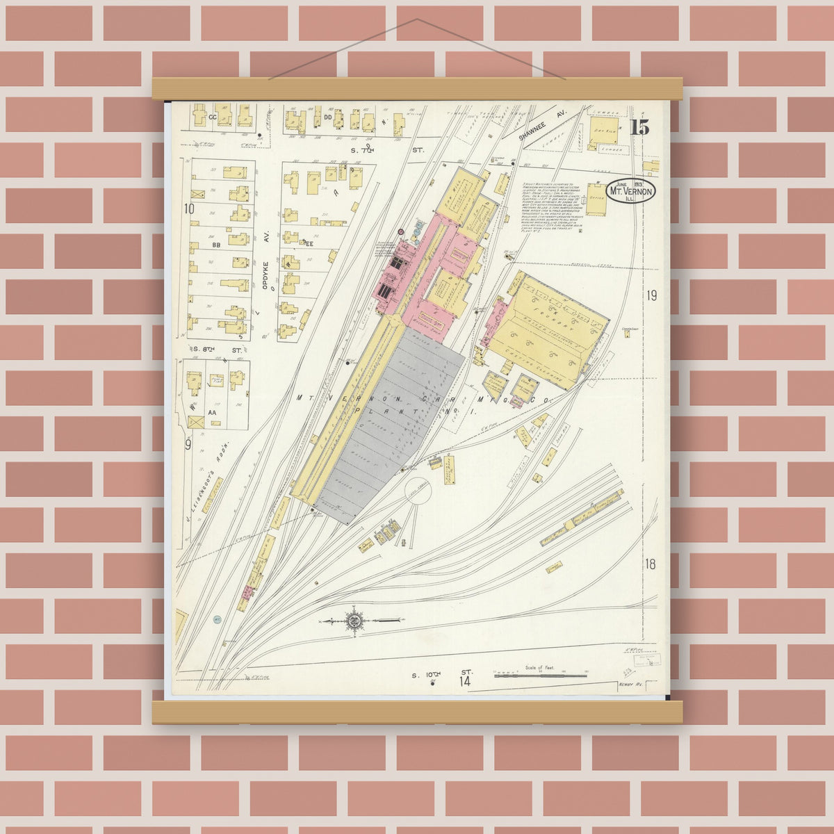 Old map wall art mockup — magnetic wood frame on brick wall — Sanborn Fire Insurance Map from Mount Vernon, Jefferson County, Illinois (1913), Sheet #0015