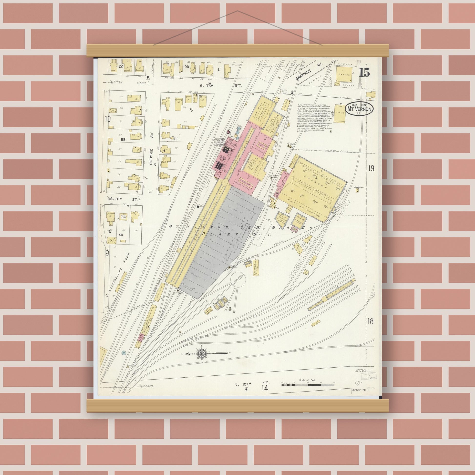 Old map wall art mockup — magnetic wood frame on brick wall — Sanborn Fire Insurance Map from Mount Vernon, Jefferson County, Illinois (1913), Sheet #0015
