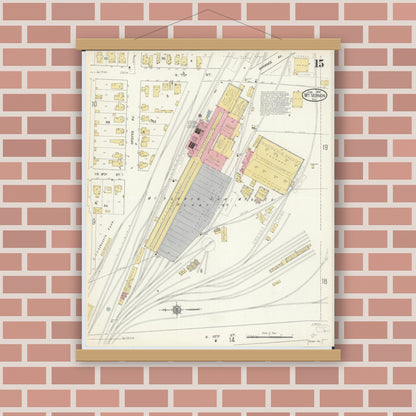 Old map wall art mockup — magnetic wood frame on brick wall — Sanborn Fire Insurance Map from Mount Vernon, Jefferson County, Illinois (1913), Sheet #0015