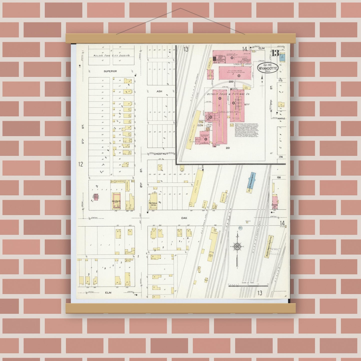Old map wall art mockup — magnetic wood frame on brick wall — Sanborn Fire Insurance Map from Wyandotte, Wayne County, Michigan (1912), Sheet #0013