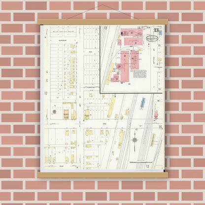 Old map wall art mockup — magnetic wood frame on brick wall — Sanborn Fire Insurance Map from Wyandotte, Wayne County, Michigan (1912), Sheet #0013