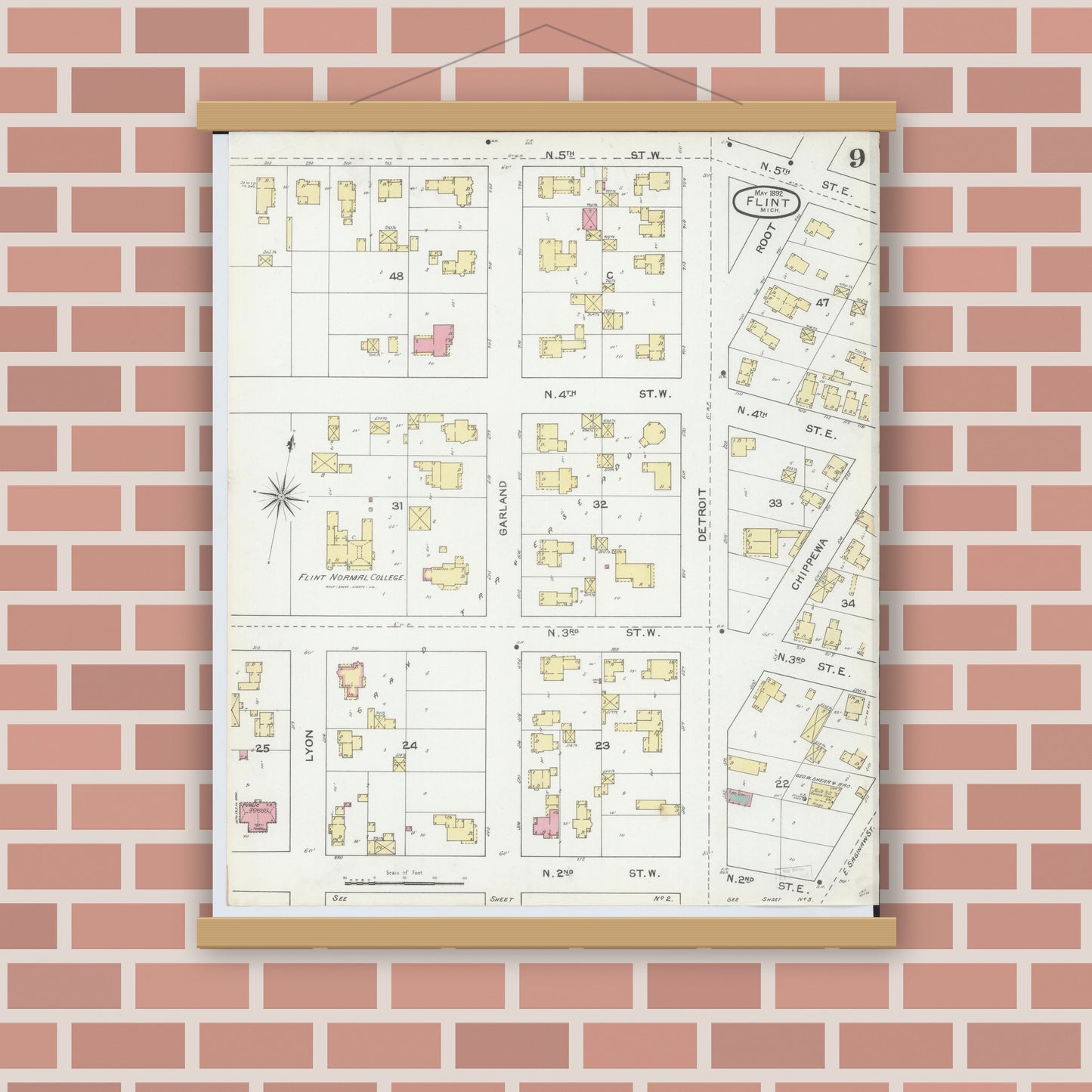 Old map wall art mockup — magnetic wood frame on brick wall — Sanborn Fire Insurance Map from Flint, Genesee County, Michigan (1892), Sheet #0009