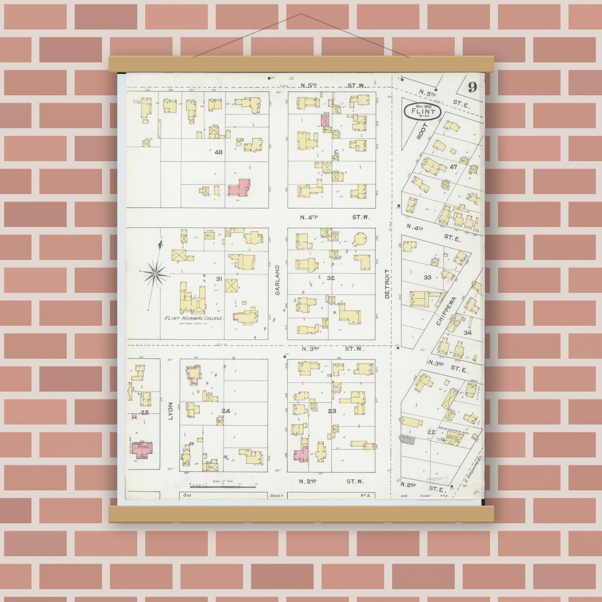 Old map wall art mockup — magnetic wood frame on brick wall — Sanborn Fire Insurance Map from Flint, Genesee County, Michigan (1892), Sheet #0009