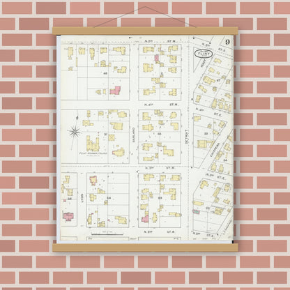 Old map wall art mockup — magnetic wood frame on brick wall — Sanborn Fire Insurance Map from Flint, Genesee County, Michigan (1892), Sheet #0009