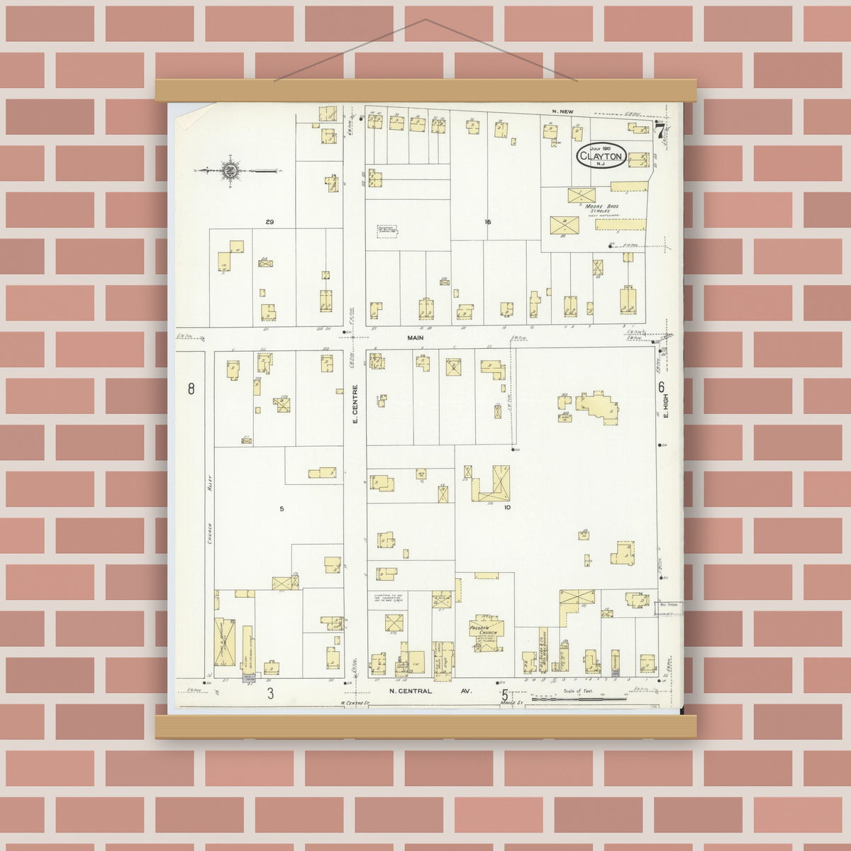 Old map wall art mockup — magnetic wood frame on brick wall — Sanborn Fire Insurance Map from Clayton, Gloucester County, New Jersey (1910), Sheet #0007