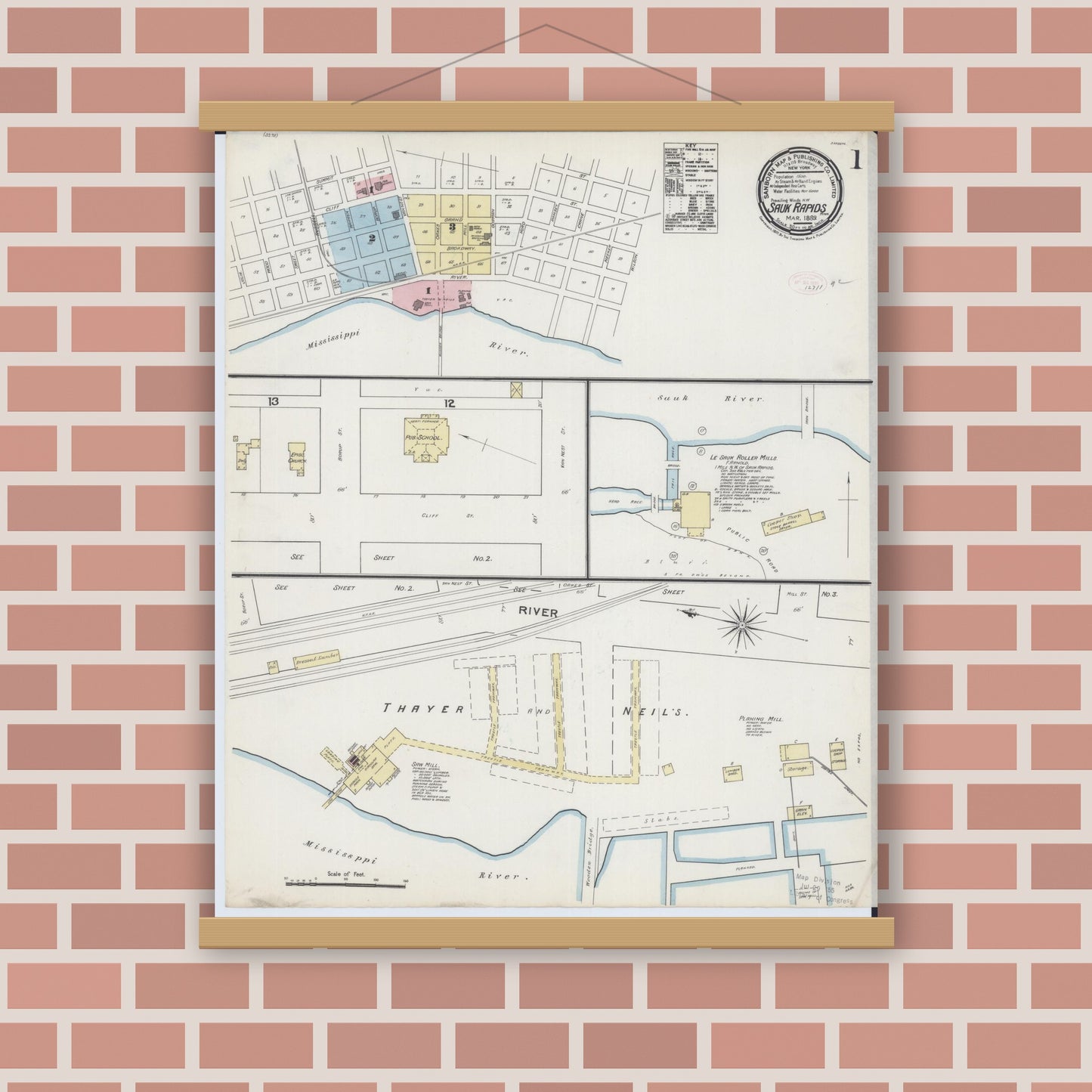 Old map wall art mockup — magnetic wood frame on brick wall — Sanborn Fire Insurance Map from Sauk Rapids, Benton County, Minnesota (1889) - Complete Map Set