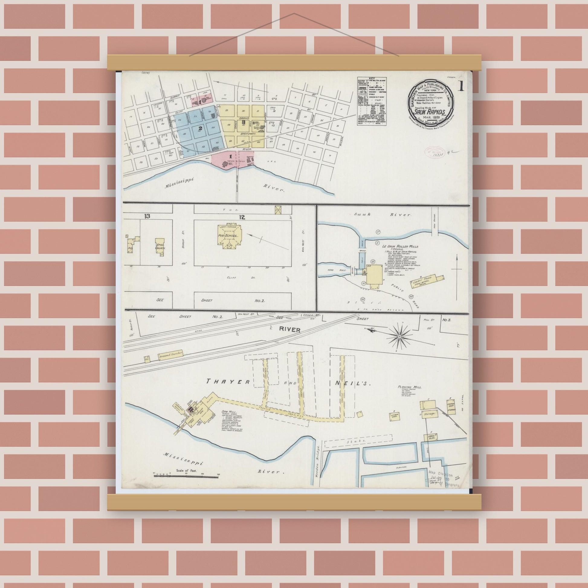 Old map wall art mockup — magnetic wood frame on brick wall — Sanborn Fire Insurance Map from Sauk Rapids, Benton County, Minnesota (1889) - Complete Map Set